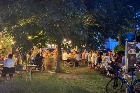 Abendimpression Hoffest Abendstimmung vom Hoffest mit Blick auf Gäste, die im Grünen auf Bänken sitzen, sich unterhalten und feiern. In der Mitte ist ein großer Baum zu sehen.