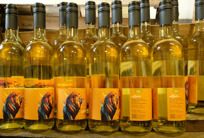 Reihe von Flaschen Sauvitage nebeneinander. Die Etiketten sind in unterschiedlichen Postionswinkeln zu sehen.